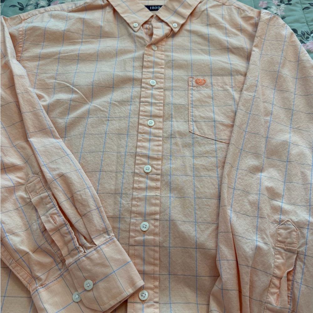 Izod Men's Peach Checkered Button Down Shirt